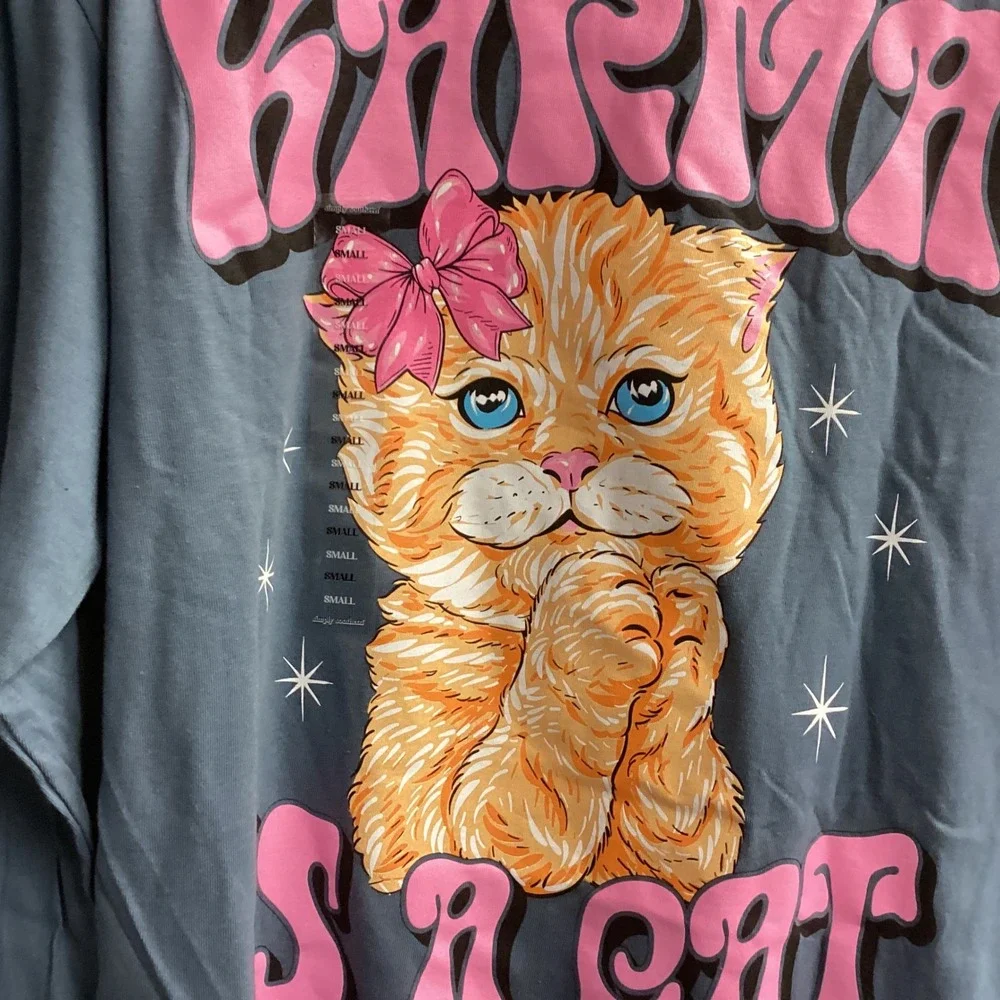Simply Southern Karma Is A Cat Graphic Long Sleeve T-Shirt Women's‎ S Dusty Blue